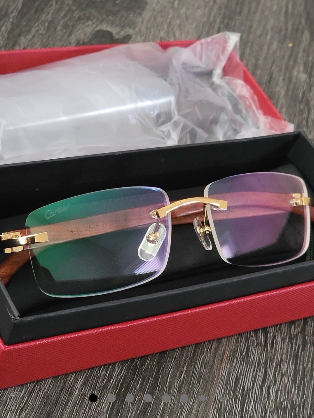 Cartier Gold Rimless Rectangular Glasses with Wood Temples